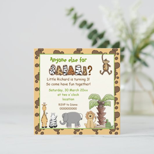Junglebeige, bruin safari kinderen verjaardagsfees kaart (Staand voorkant)