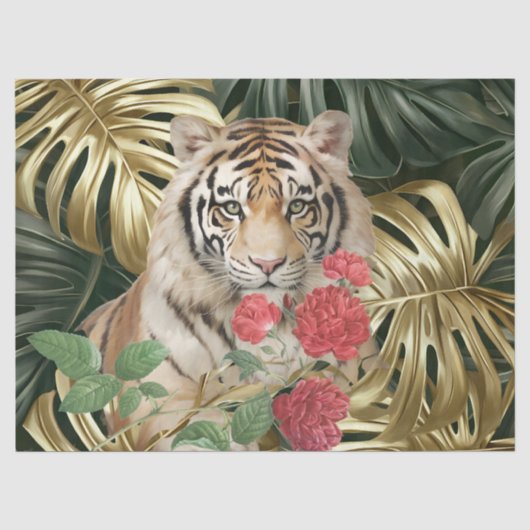 Jungleblad Waterverf Rode Roos Tijger Tissuepapier (Voorkant)