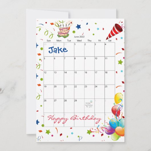 Juni 2022 Kalender Gelukkige Verjaardag Uitnodigin Kaart (Voorkant)