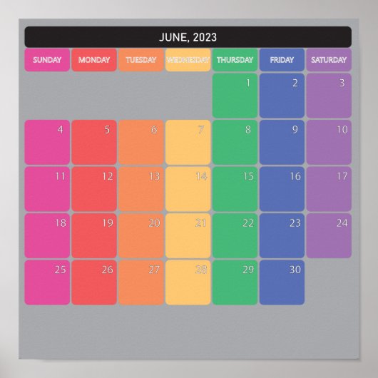 Juni 2023 planner kalender kleur dagen poster (Voorkant)