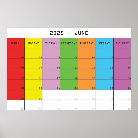 Juni 2025 kleur dagen kalender planner poster (Voorkant)