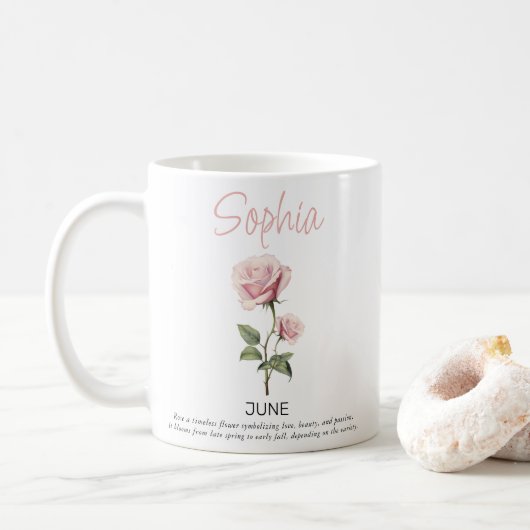 Juni Gepersonaliseerde Geboortebloem Koffiemok (Met donut)