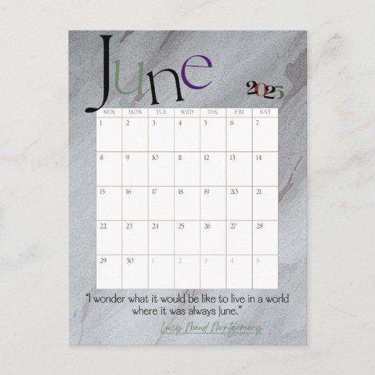 Juni Grijs Moderne Maandkalender 2025 Briefkaart (Voorkant)