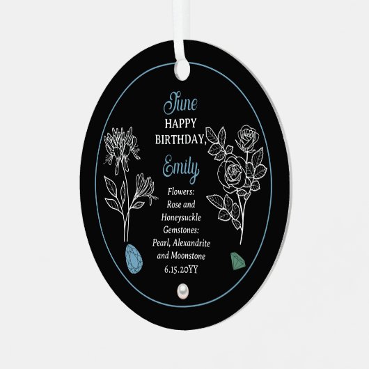 Juni Roos en Honeysuckle Verjaardag Keepsake Metalen Ornament (Voorkant links)