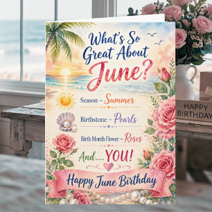 Juni Verjaardagsrozen & Parels Zomer Verjaardagska Kaart