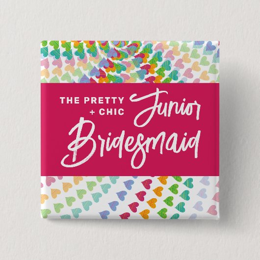 JUNIOR BRUIDSMEISJE Regenboog Harten Sprinkles Bru Vierkante Button 5,1 Cm (Voorkant)