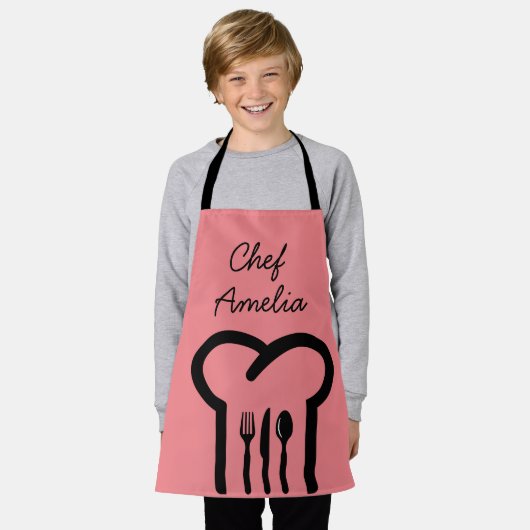 Junior chef-kok roze kleurrijke kinder schort (Gedragen)