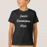 Junior Groomsman Black White Custom Name Wedding T-shirt<br><div class="desc">Mooie kalligrafie,  zwart-wit Junior Groomsman t-shirt. Voeg jouw naam toe. Ideaal voor een bruiloft.</div>