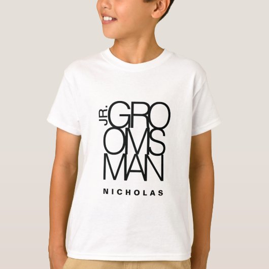 junior Groomsman in zwarte typografie, bruiloft T-shirt (Voorkant)