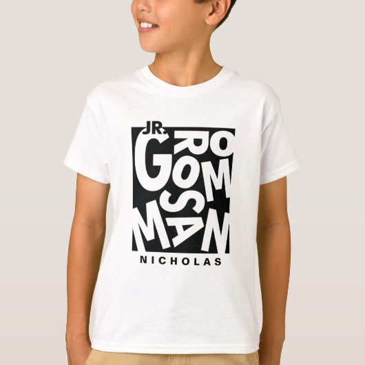 junior Groomsman in zwarte typografie, bruiloft T-shirt (Voorkant)