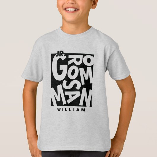 Junior Jr. Groomsman in zwarte typografie, bruilof T-shirt (Voorkant)
