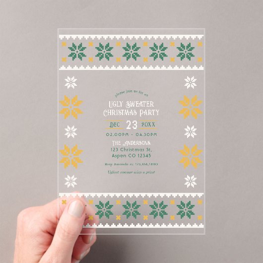 Juniper Glow Ugly Sweater Christmas Party Acryl Uitnodigingen (Insitu (Draagbaar))