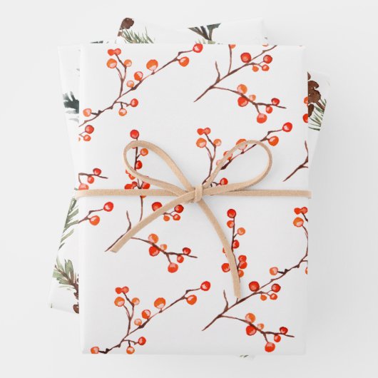 Juniper Pine Tree Branch Cones & Red Ilex Berries Inpakpapier Vel (In situ)