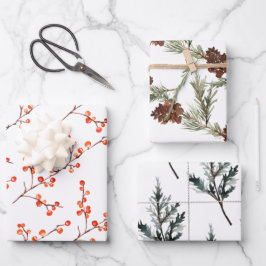 Juniper Pine Tree Branch Cones & Red Ilex Berries Inpakpapier Vel
