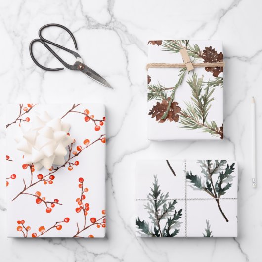 Juniper Pine Tree Branch Cones & Red Ilex Berries Inpakpapier Vel (Voorkant)