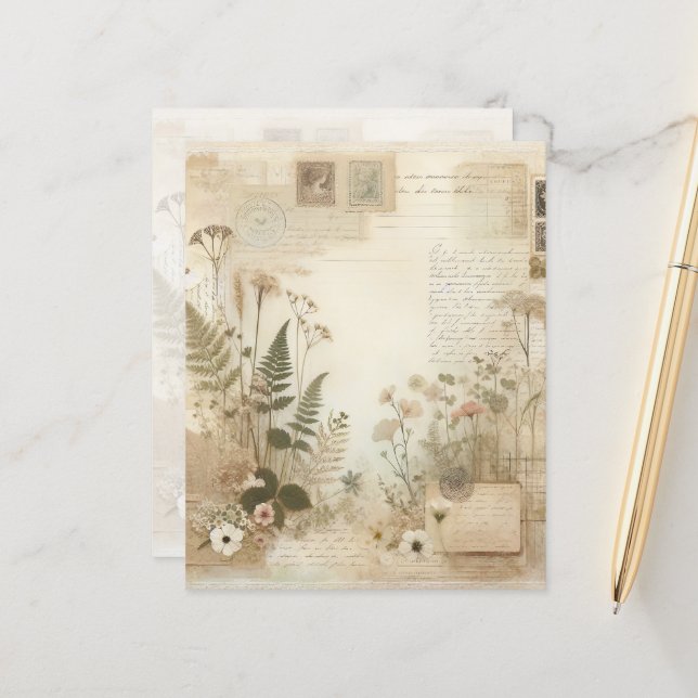  junk journal geperste bloemen briefpapier (Voorkant / Achterkant in situ)