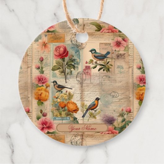 Junk Journal Seite mit Blumen + Vögel -  Bedankjes Labels (Voorkant)