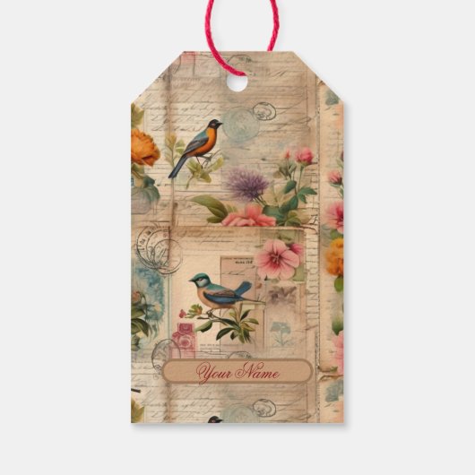 Junk Journal Seite mit Blumen + Vögel - Cadeaulabel (Achterkant)