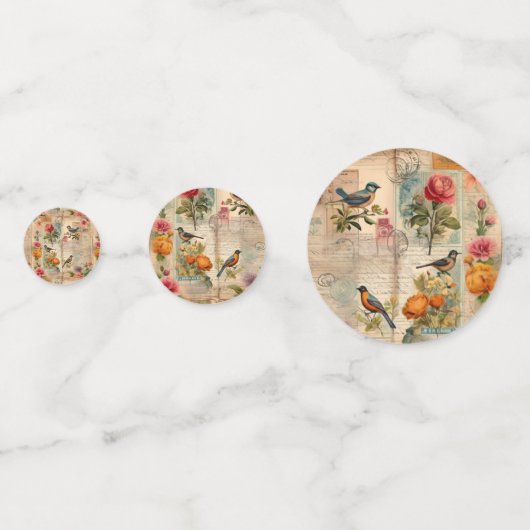 Junk Journal Seite mit Blumen + Vögel -  Confetti (Achterkanten)