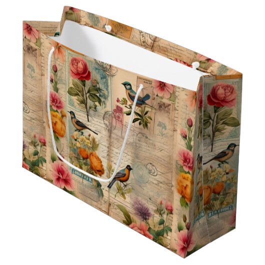 Junk Journal Seite mit Blumen + Vögel -  Groot Cadeauzakje (Voorkant Gekanteld)