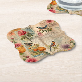 Junk Journal Seite mit Blumen + Vögel -  Kartonnen Onderzetters