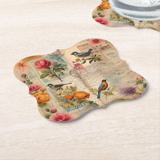 Junk Journal Seite mit Blumen + Vögel -  Kartonnen Onderzetters (Gekanteld)