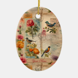 Junk Journal Seite mit Blumen + Vögel -  Keramisch Ornament