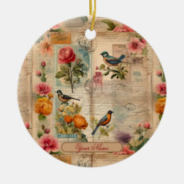 Junk Journal Seite mit Blumen + Vögel -  Keramisch Ornament