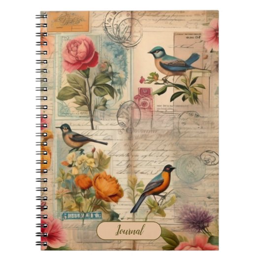 Junk Journal Seite mit Blumen + Vögel -  Notitieboek (Voorkant)