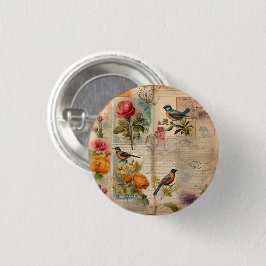 Junk Journal Seite mit Blumen + Vögel - Ronde Button 3,2 Cm