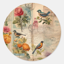Junk Journal Seite mit Blumen + Vögel -  Ronde Sticker