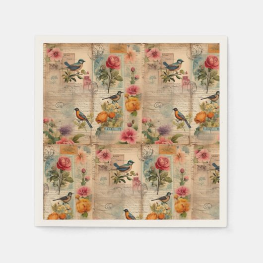 Junk Journal Seite mit Blumen + Vögel -  Servet (Voorkant)