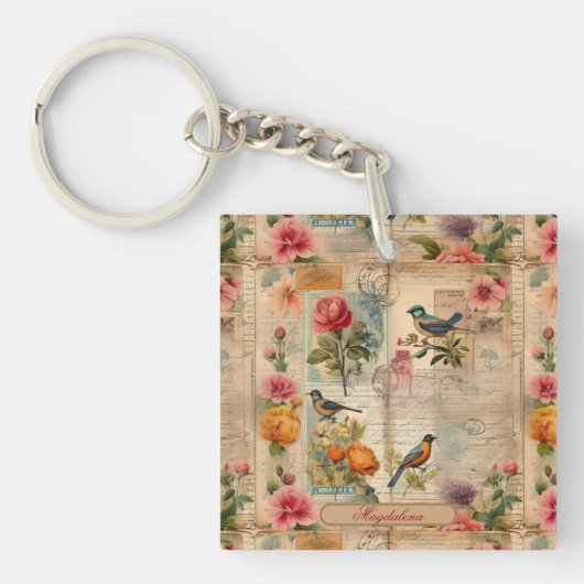 Junk Journal Seite mit Blumen + Vögel -  Sleutelhanger (Voorkant)