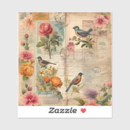 Junk Journal Seite mit Blumen + Vögel -  Sticker