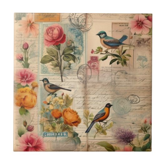 Junk Journal Seite mit Blumen + Vögel -  Tegeltje (Voorkant)