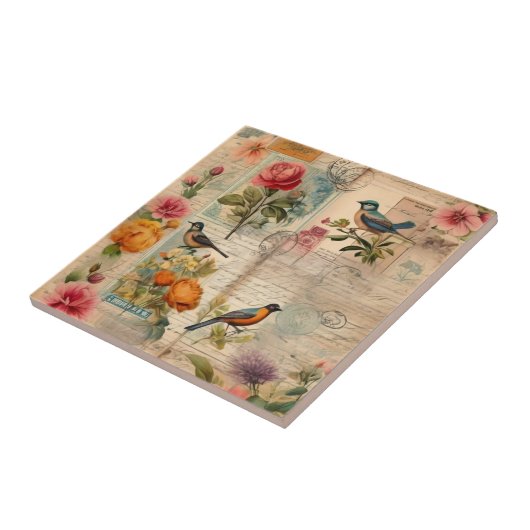 Junk Journal Seite mit Blumen + Vögel -  Tegeltje (Zijkant)
