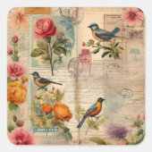 Junk Journal Seite mit Blumen + Vögel -  Vierkante Sticker (Voorkant)