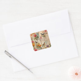 Junk Journal Seite mit Blumen + Vögel - Vierkante Sticker
