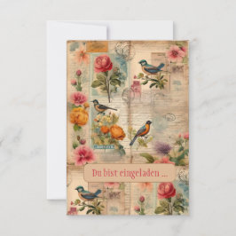 Junk Journal Seite mit Blumen + Vögeln -  Kaart