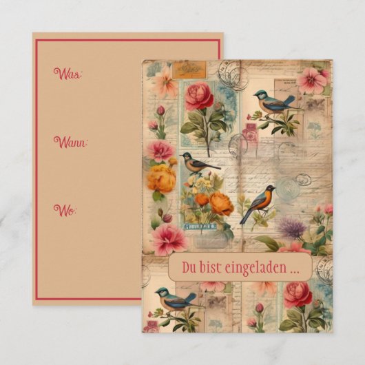 Junk Journal Seite mit Blumen + Vögeln - Kaart (Voorkant / Achterkant)