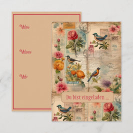 Junk Journal Seite mit Blumen + Vögeln - Kaart