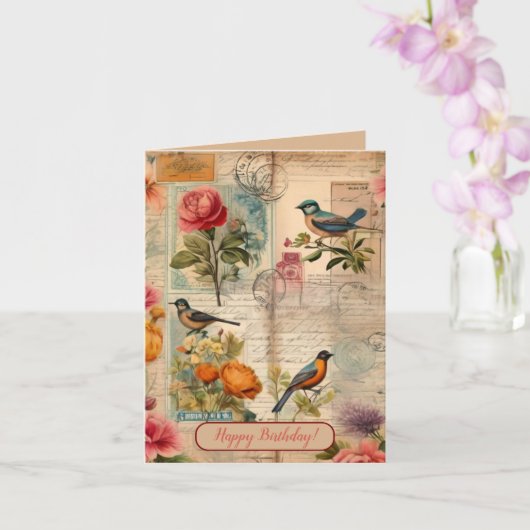 Junk Journal Seite mit Blumen + Vögeln -  Kaart (Orchidee)