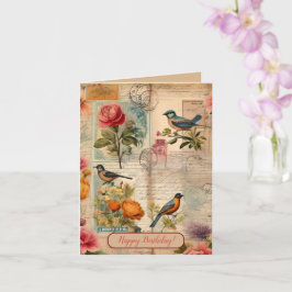 Junk Journal Seite mit Blumen + Vögeln -  Kaart