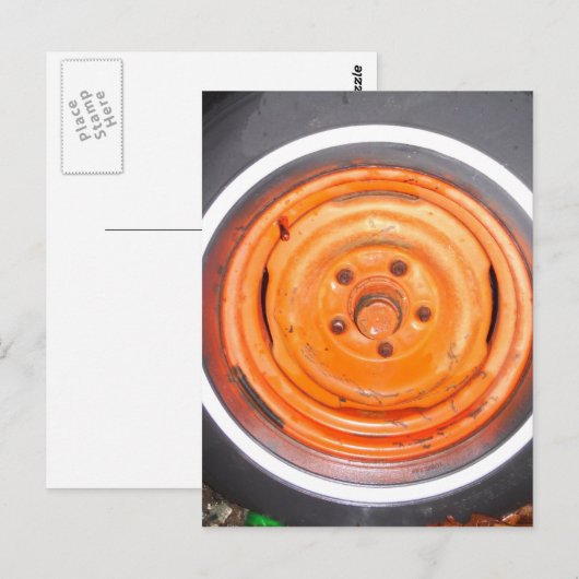 Junk Yard  Wheel, oranje zwart-wit Briefkaart (Voorkant / Achterkant)