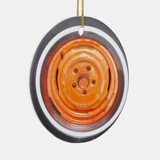 Junk Yard  Wheel, oranje zwart-wit Keramisch Ornament (Rechts)