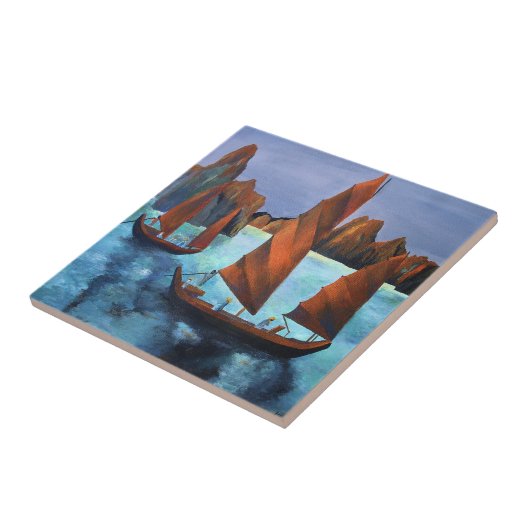 Junks in de aflopende drakenbaai tegeltje (Zijkant)