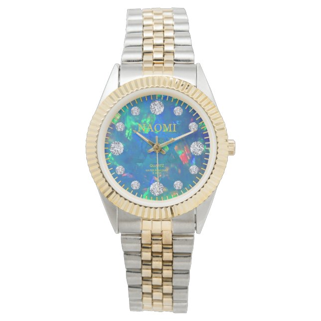 Jupiter Blauw Zee Vuur Opal Diamond Aangepaste Naa Horloge (Voorkant)