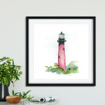 Jupiter Lighthouse Poster<br><div class="desc">Dit waterverf schilderij van de iconische vuurtoren van Jupiter brengt een vleugje tropische charme naar je huis. Perfect voor stranddecoratie in slaapkamers, kantoor-ruimtes of woonruimtes, dit stuk vangt de schoonheid van het oceaanlandschap van Florida. De levendige tinten rood in deze strandkunst maken het een opvallende toevoeging aan elke kust- of...</div>