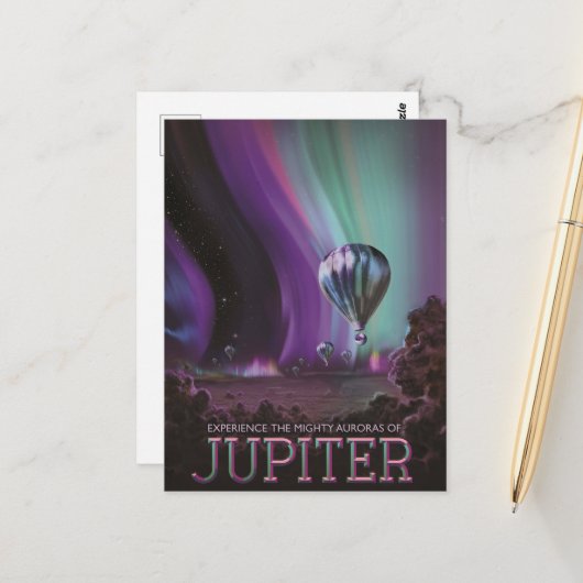 Jupiter Reizen door Hete Luchtballon Bighty Aurora Briefkaart (Voorkant / Achterkant in situ)