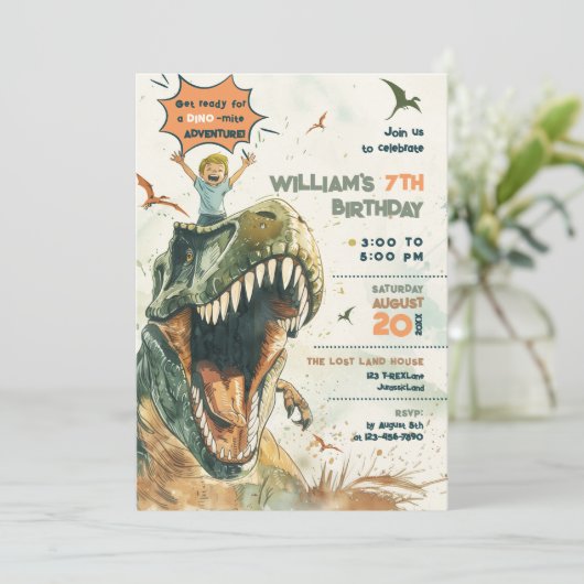 Jurassic Dino Ride 2 blond haar verjaardagsfeestje Kaart (Staand voorkant)
